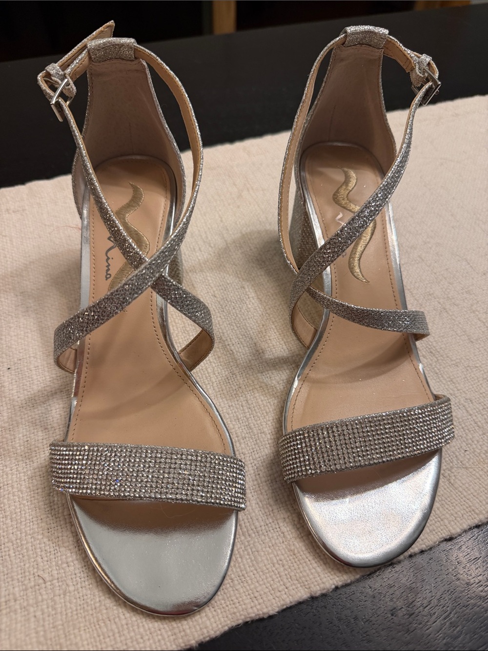Nina Silver Glitter Crisscross Rhinestone Strap Sandals